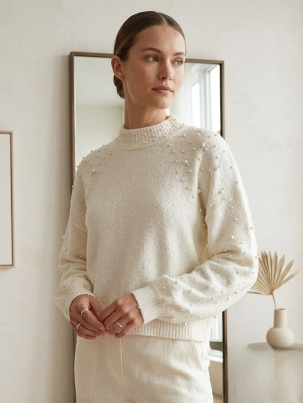 Mock Turtle Neck Pearl Detail White Sweater